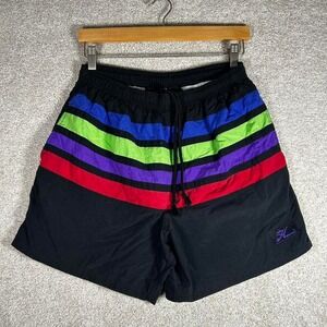 Vintage 90s retro style black multicolor striped nylon trunks shorts